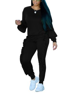 China Breathable Women's Two Piece Outfits Ruffle Sleeve Sweatshirt And Long Pants Tracksuit Sets for sale