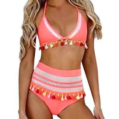 China Women Breathable Swimwear High Waist Two Piece Bikini Set Stripe Tassel Padded Swimsuit for sale