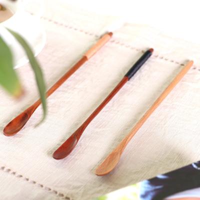 China Sustainable Non-slip Long Handle Teaspoon Natural Wooden Kitchen Tools Long Spoons For Tea Sugar Salt Jam Mustard Wooden Mixing Spoon for sale