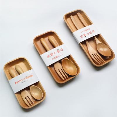 China Tableware Sustainable Portable Travel Wooden Cutlery Set Reusable Wooden Tableware Costume Kids Bamboo Cutlery Set With Tray for sale