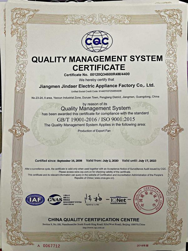 ISO9001 - Jiangmen Jindaer Electric Appliances Factory Co., Ltd.