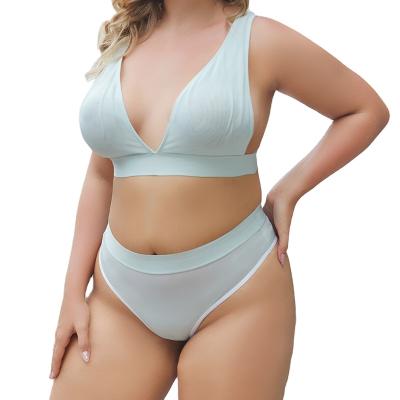 China Deep V-Neckline QUICK DRY Large Xxl Mesh Triangle Underwear Backless Bra Set Women Briefs Plus Size Bra and Panty Sets for sale