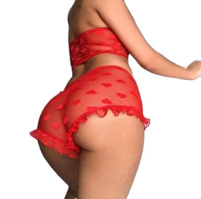 China Spandex Two Piece Pajamas Set Jumpsuit Ruffle Lace Wrap Chest Slim Shorts Set Hot Transparent Women's Lingerie Set for sale