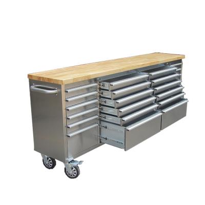 China 430 Sus Anti-finger Printing Smooth Rolling 96inch Stainless Tool Chest With Quality Wood Top for sale