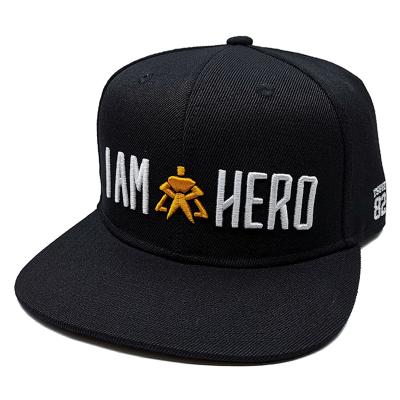 China COMMON Embroidery Custom Logo I AM HERO 6 Panel Bill Black Wool Blend Adjustable Flat Baseball Snapback Hat for sale