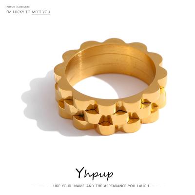 China Yhpup FASHIONABLE Metal Texture 18K Gold Plated Simple Finger Ring Fashion Jewelry Stainless Steel Round Ring for sale