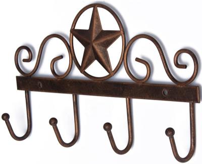 China Minimalist Vintainge Metal Barn Star Rack Key Holder Mounted Metal Vintage Decorative Key With 4 Hooks Dark Brown Western Wall Home Decor for sale