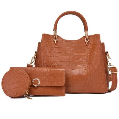 China Fashion crocodile pattern bag three-piece female trend line embossed ladies shoulder bag large capacity handbag for sale