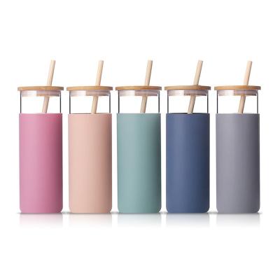 China Reusable Color Water Bottle Reusable Borosilicate Bamboo Lid Glass Tumbler With Silicone Sleeve And Straw for sale