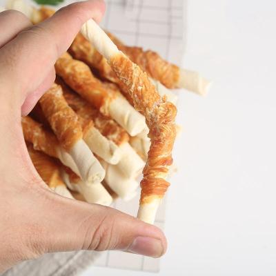 China 2021 Sustainable NewHealthy Twist of Rawhide Wrapped with Chicken Wrapped Rawhide Sticks Meat Filled Rawhide Pet Treats Dog Food Pet Food for sale