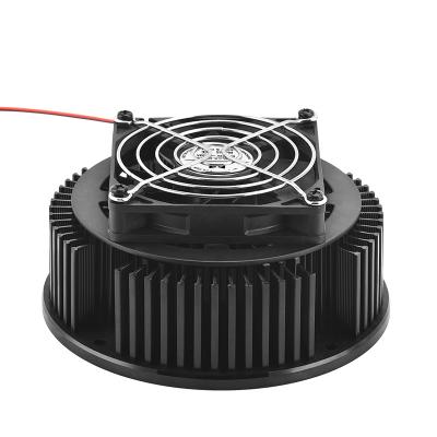 China Machine Work 40w Diameter 133mm And Size 40mm Black Anodic Oxidation Round LED Light Pin Fin Cooler Aluminum Heatsink With Axial Fan for sale