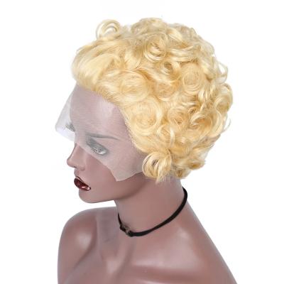 China Wholesale Jerry Curl 613 Short 13*1 Bob Pixie Cut Lace Frontal Wigs Blonde Curly For Women Brazilian Hair Color Cheap Wig for sale