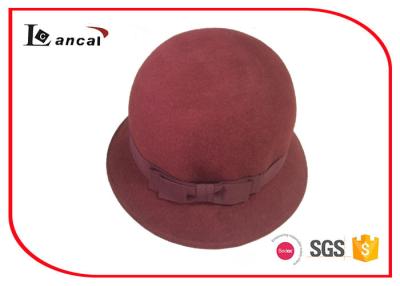 China Burgundy 100% Wool Felt Hat With Bowknot Ribbed Hatband , Womens Bowler Hat for sale