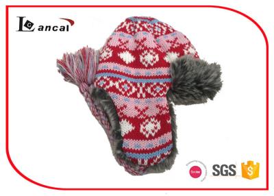 China Jacquard Girls Winter Trapper Hat With Red Polar Fleece And Faux Fur Lining for sale