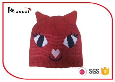 China Kitty Shape Red Knit Hats With Two Little Ears And Rib Edge For Girls for sale