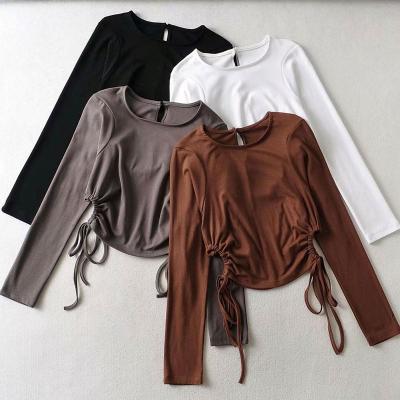 China QUICK DRY Women's Tops Fashion Slim T-Shirt Women's Drawstring Rib Long Sleeve Women Long Sleeve Crop Top for sale