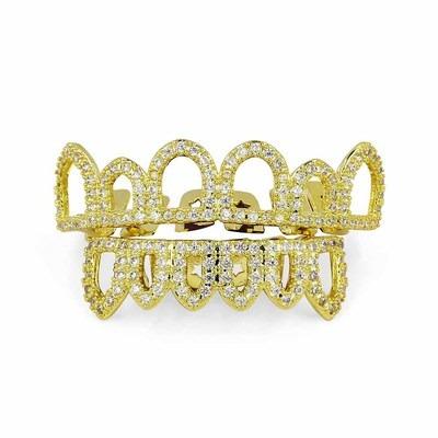 China Other New Bling Gold Color Plated 6 Open Prongs Grills Costume Hollow Dracula Fangs Set Micro Paved CZ Stones Upper Lower Prongs Grill for sale