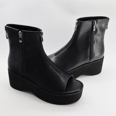 China New Fashion Round PU Zipper Peep Toe Flat Platform Wedge Chunky Sole Women Boots Shoes Black Ankle Boots for sale