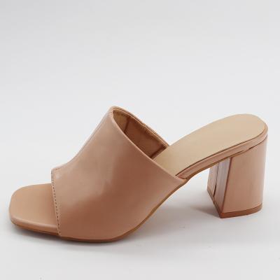 China Square Toe Beige PU Anti-Slippery Block Heels Mules Fashion Sandal 2022 Ladies Slips Summer Women Sandals Shoes for sale