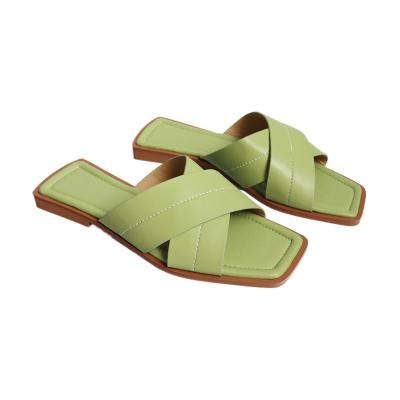 China Women 2022 Fashion Trend Square Toe Shoes Women PU Flats Green Sandals Ladies Slides Slippers for Women and Ladies for sale