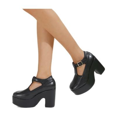 China Chunky chunky T shape sole platform round black mary janes pumps heels to block heel shoes for ladies for sale