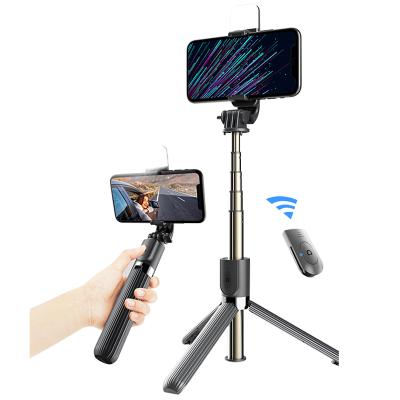 China Folding Tripod Phone Holder with Fill Light Can 110cm Height Extendable Selfie Stick 360 Rotation with Wireless Controller for sale