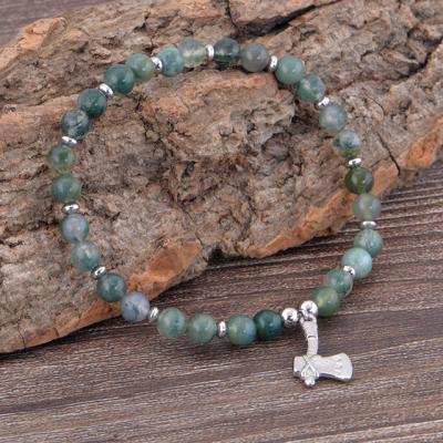 China OEM Fashion Stainless Steel Men's Jewelry Trendy Bracelets Green Moss Agate Gemstone Ax Bracelet For Men for sale