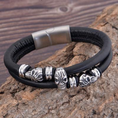 China Trendy Wholesale Designer Custom Making Jewelry Skull Leather Stainless Steel Bracelets For Men Jewelry for sale