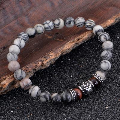 China Man Fashion Jewelry Stainless Steel Black Jasper Red Tiger Eye Plating Zebra Beads Elastic Bracelet for sale