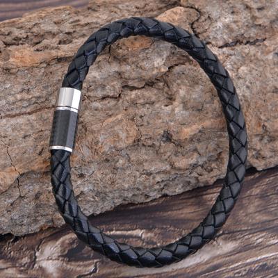 China Hip Hop Fashion Mens Jewelry Stainless Steel Wholesale Black Woven Genuine Leather Bracelet For Men for sale