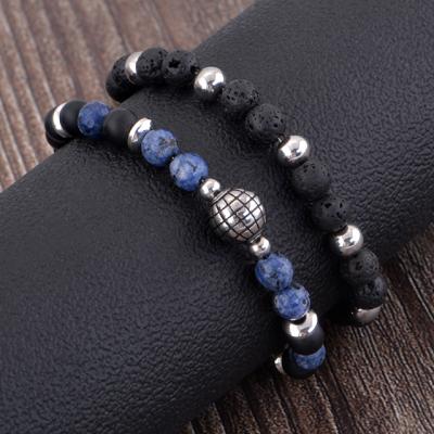 China Trendy Sodalite Agate Stainless Steel Fashion Jewelry Natural Stone Bead Bracelet With Chain for sale