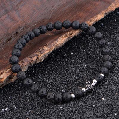 China Trendy Sellers Customize Stainless Steel Men Jewelry Bead 6mm Lava Stone Elastic Black Bracelet For Gift for sale