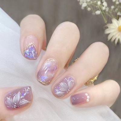 China Easy Apply Ins Purple Short Round False Nails With Aurora Flower Design Detachable Korean Press On Nails Fake Acrylic Manicure Tips for sale