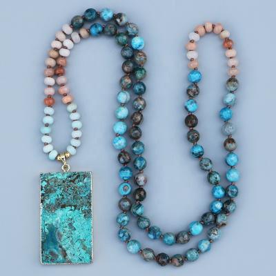 China Vintage Fashion Ocean Blue Rectangle Pendant Accessory Necklace For Women Gemstone Faceted Onyx Blue Crazy Beads Mala Jewelry for sale