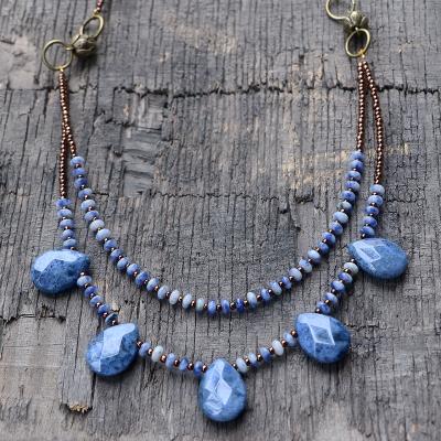 China Vintage Design Unique Blue Natural Stone Waterdrop Necklace Women Double Layers Short Pendant Necklace Vintage Jewelry for sale