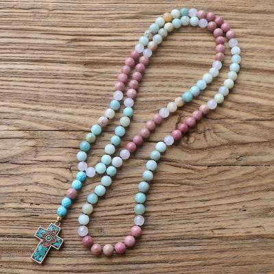 China FASHIONABLE Nepal Classic Cross Pendant Necklace For Women Natural Precious Stone Jewelry 8mm Rose Quartz Amazon Stone Rhodochrosite for sale