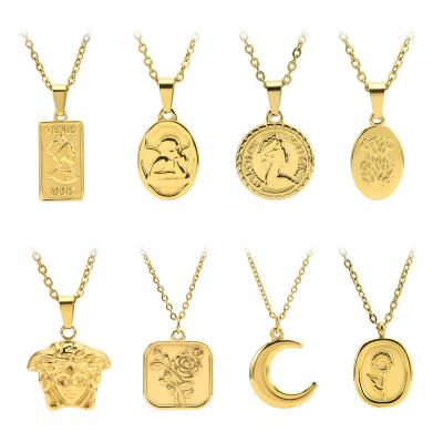 China 2022 Vintage Fashion Gold Color/Goddess Layered Coin Rose Flower Pendant Stainless Steel Necklace Steel Men Women Jewelry for sale