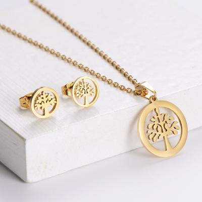 China TRENDY Gold Color IP Plated Stainless Steel Tree Of Life Necklace And Stud Dangle Earrings For Women Lover's Gift Jewelry SET for sale