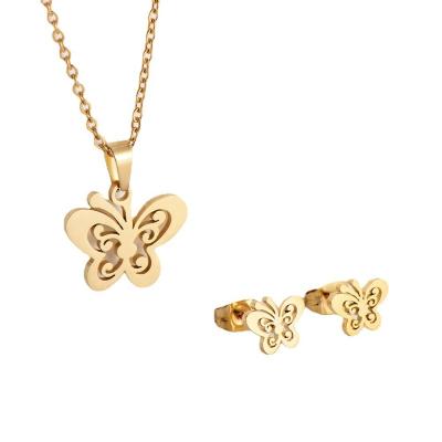 China Trendy Fashionable Butterfly Jewelry Set Women Stainless Steel Short Pendant Necklace&Earrings Gold Color Plated Custom Design for sale