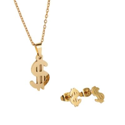 China FASHIONABLE Hot Selling US Dollar Sign Necklace&Earrings Pendant Women Jewelry Set Stainless Steel Gold Color Plated Lucky Gift for sale