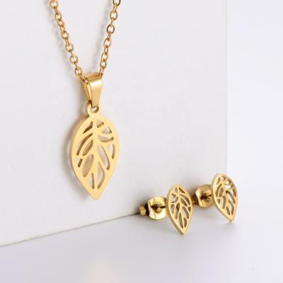 China Simple Design TRENDY Hollow Leaf Necklace&Earrings Pendant For Female Students Stainless Steel Jewelry Set for sale