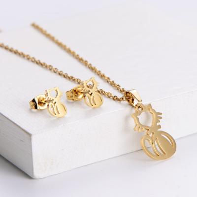 China Fashionable Beautiful Cavity Cat Shape Pendant Necklace &Earrings Students Women Jewelry Set Gold Color Plated Stainless Steel Accessory for sale