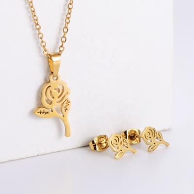 China FASHIONABLE Cool Style Rose Flower Pendant Necklace &Earrings For Women Girls Lover Gift 316L Stainless Steel Jewelry Accessory Set for sale