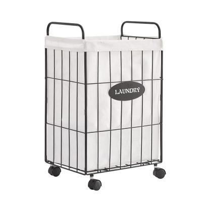 China Handmade Assembly Rectangle Hamper Easy Assembly Storage and Folding with Detachable Liner Iron Wire Laundry Basket and Wheels for sale