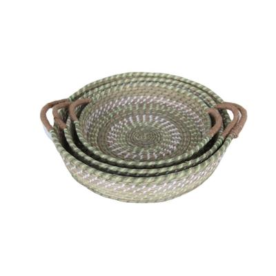 China Round S/3 Woven Natural Eco-Friendly Handmade Sustainable With Rim Couch Grass Basket Plate Green And White for sale