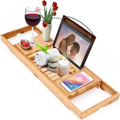 China Sustainable Bamboo Bathtub Tray With Extension Rack Shelf Holder Reading Wine Glass Rack Bath Tray for sale