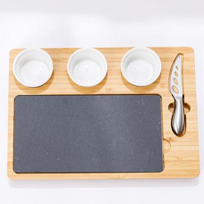 China Sustainable Cheese Dish Bamboo Stain Bamboo Cheese Dish, Slate Cheese Dish with 3 Cup 1 Stainless Steel Knives for sale