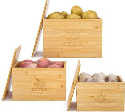 China Sustainable Bamboo Vegetable Storage Box Household Garlic Potato Onion Storage Box Square Bamboo Vegetable Storage Box With Lid for sale