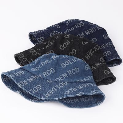 China Image GuanLingLong OEM Manufacturer Custom Letter Printed Denim Bucket Hat Chinese Style Denim Bucket Hat Retro Bucket Hat for sale