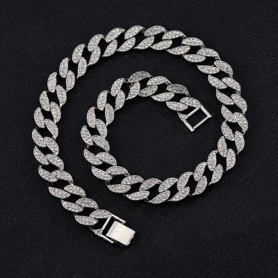 China Hiphop Fashion Men's Silver Cuban Links Necklaces Customized Iced Out Rhinestone Hiphop Jewelry Necklace Set for sale